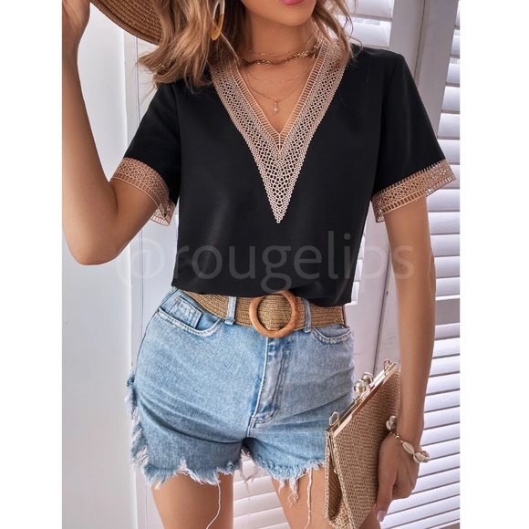 Black Casual Top V-Neck Embroidered Details Short Sleeves - Picture 6 of 9